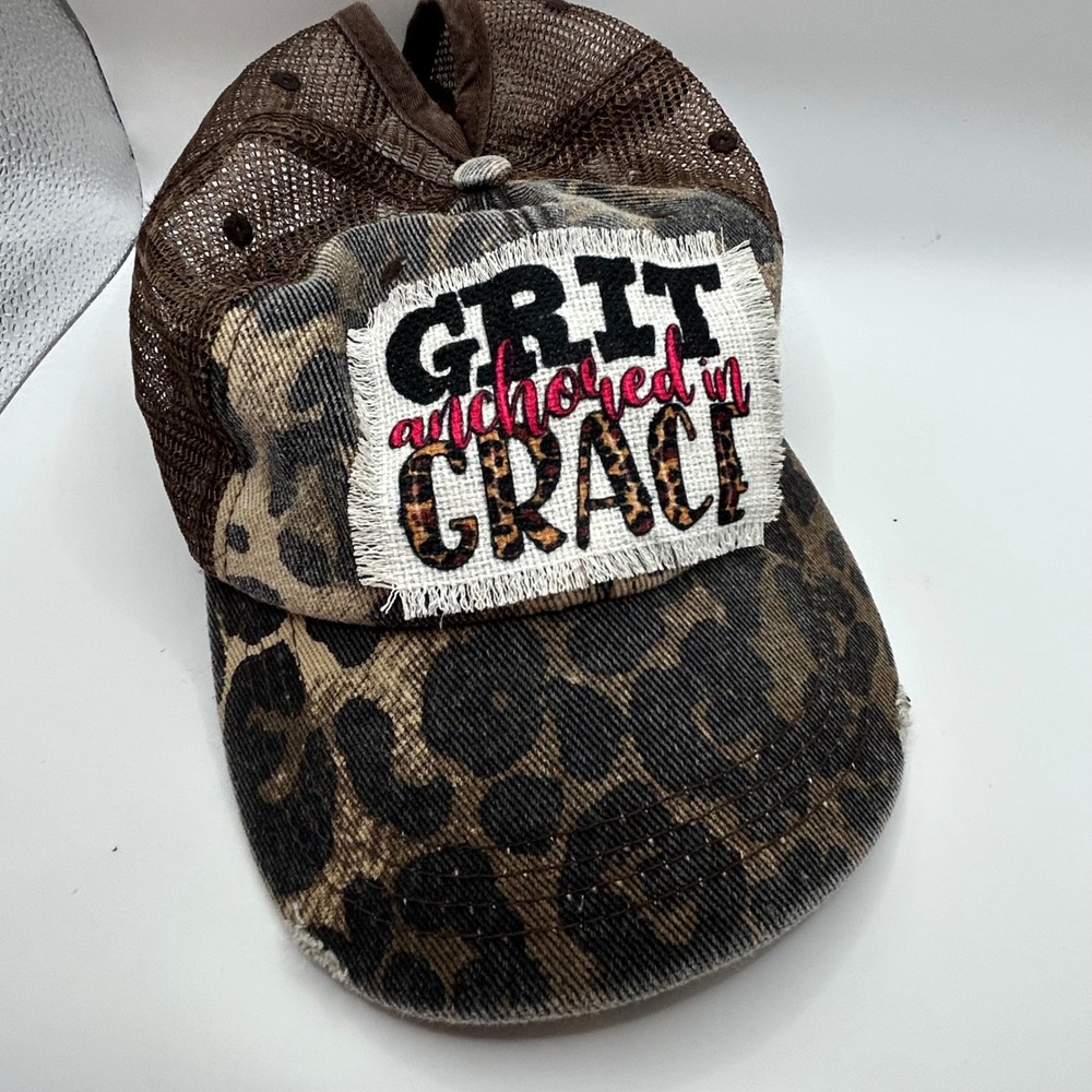 Womens Distressed Leopard‎ Print Trucker Ponytail Hat Grit Anchored in Grace